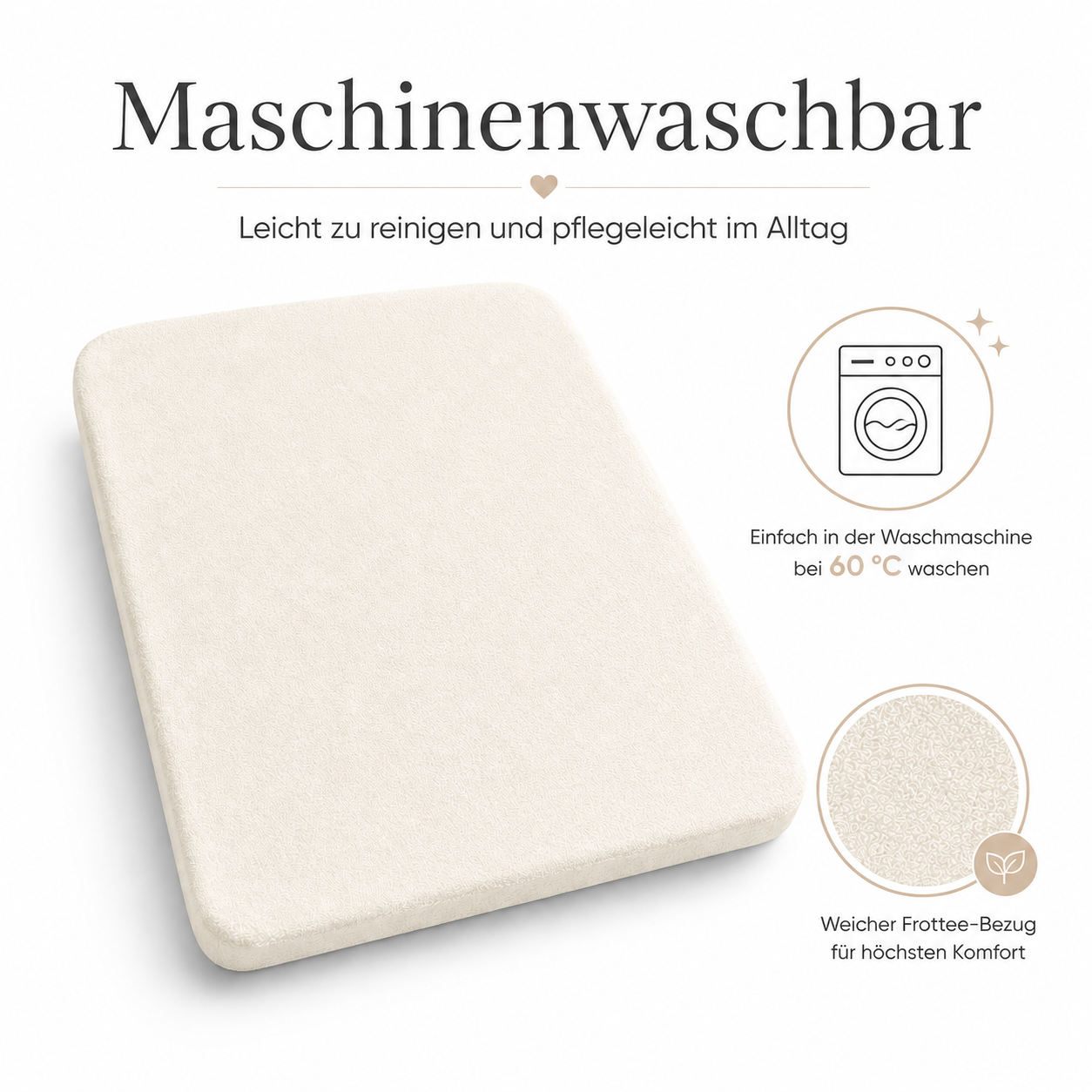 Milchweißer Spannbezug für Wickelauflage, maschinenwaschbar und pflegeleicht für den täglichen Wickelbereich