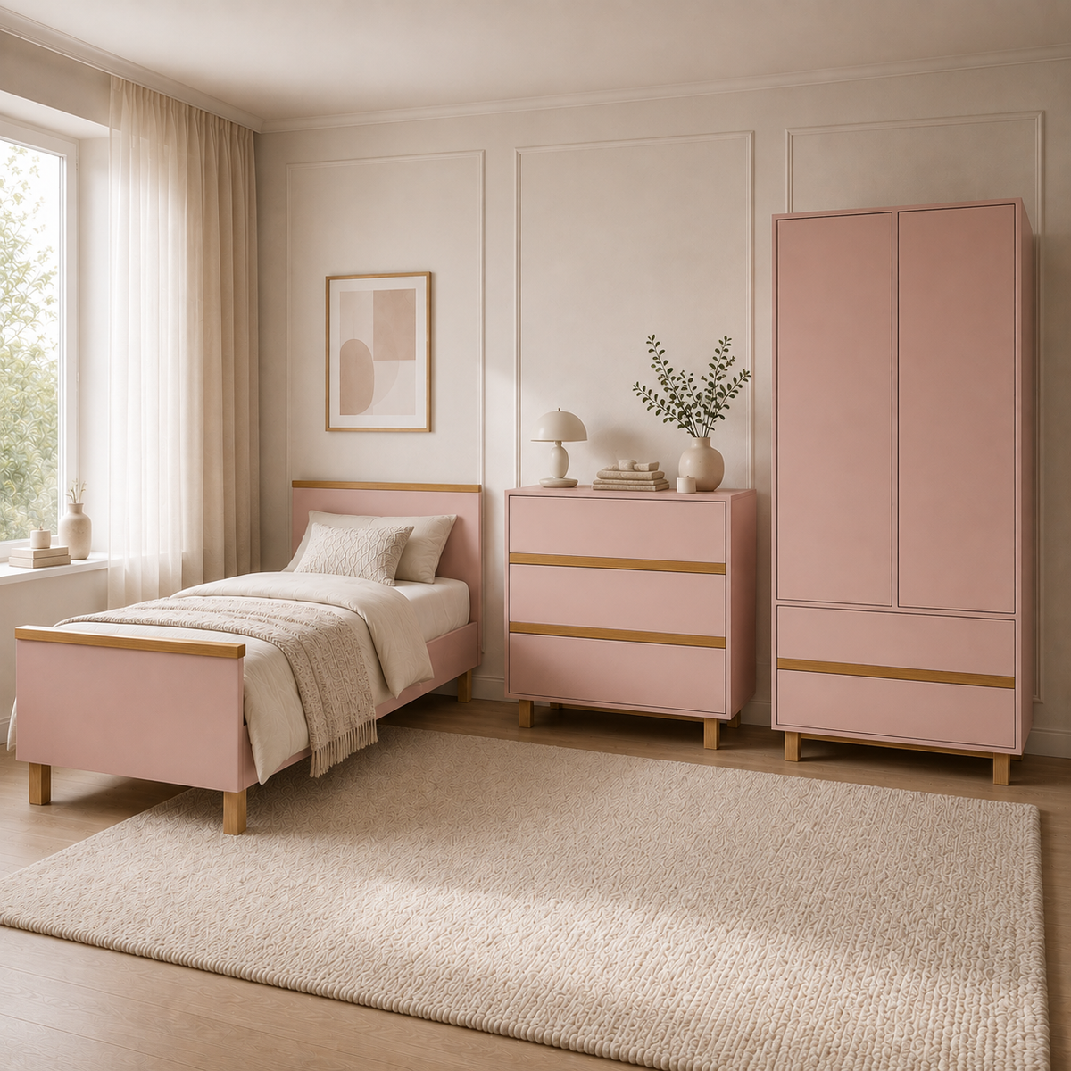Mitwachsendes VILHA Kinderzimmer in Puderrosa mit Kinderbett, Kommode und Kleiderschrank aus der Babyzimmer-Serie