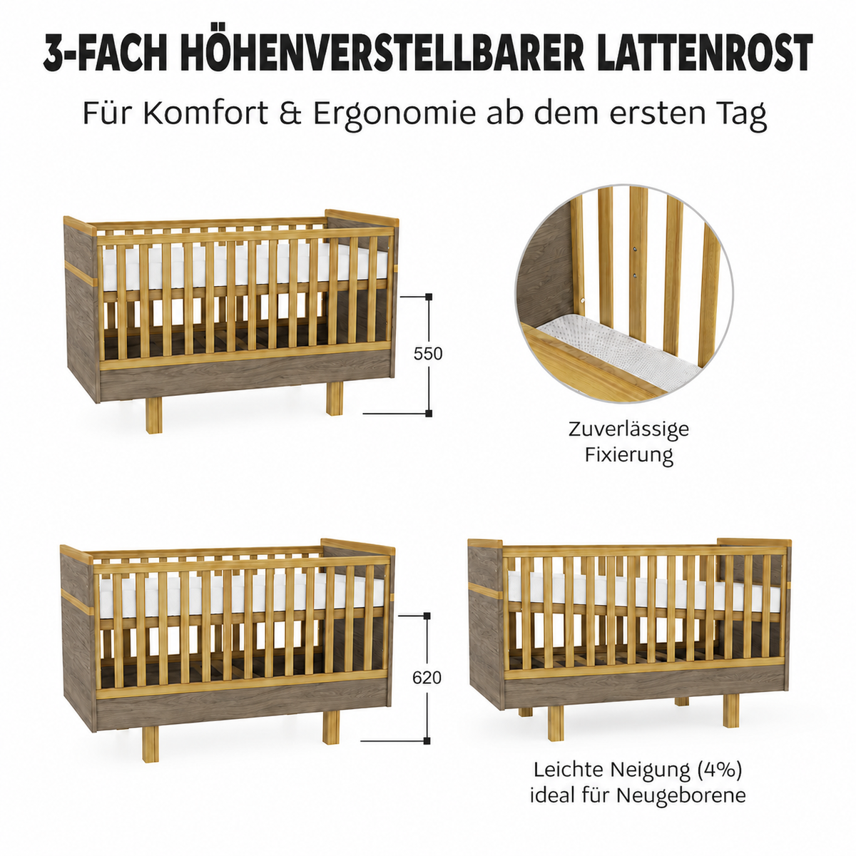 VILHA Babybett 70x140 Dunkelhickory mit 3-fach höhenverstellbarem Lattenrost für verschiedene Entwicklungsphasen