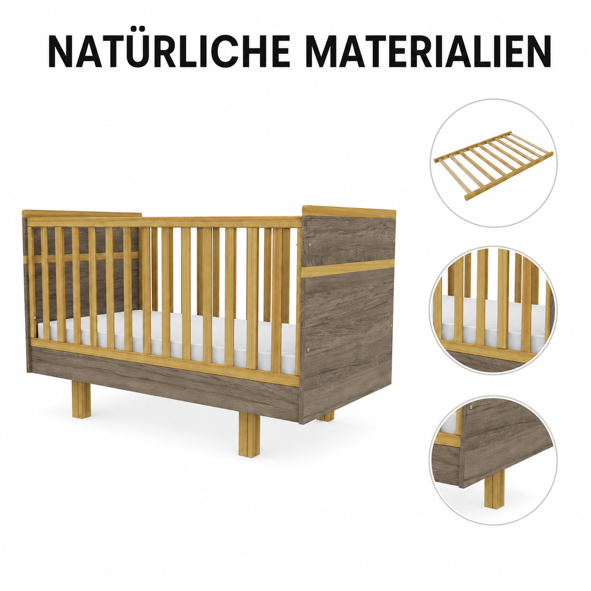 VILHA Babybett Dunkelhickory mit Massivholzstäben, Naturholzdetails und stabiler Konstruktion für das Babyzimmer