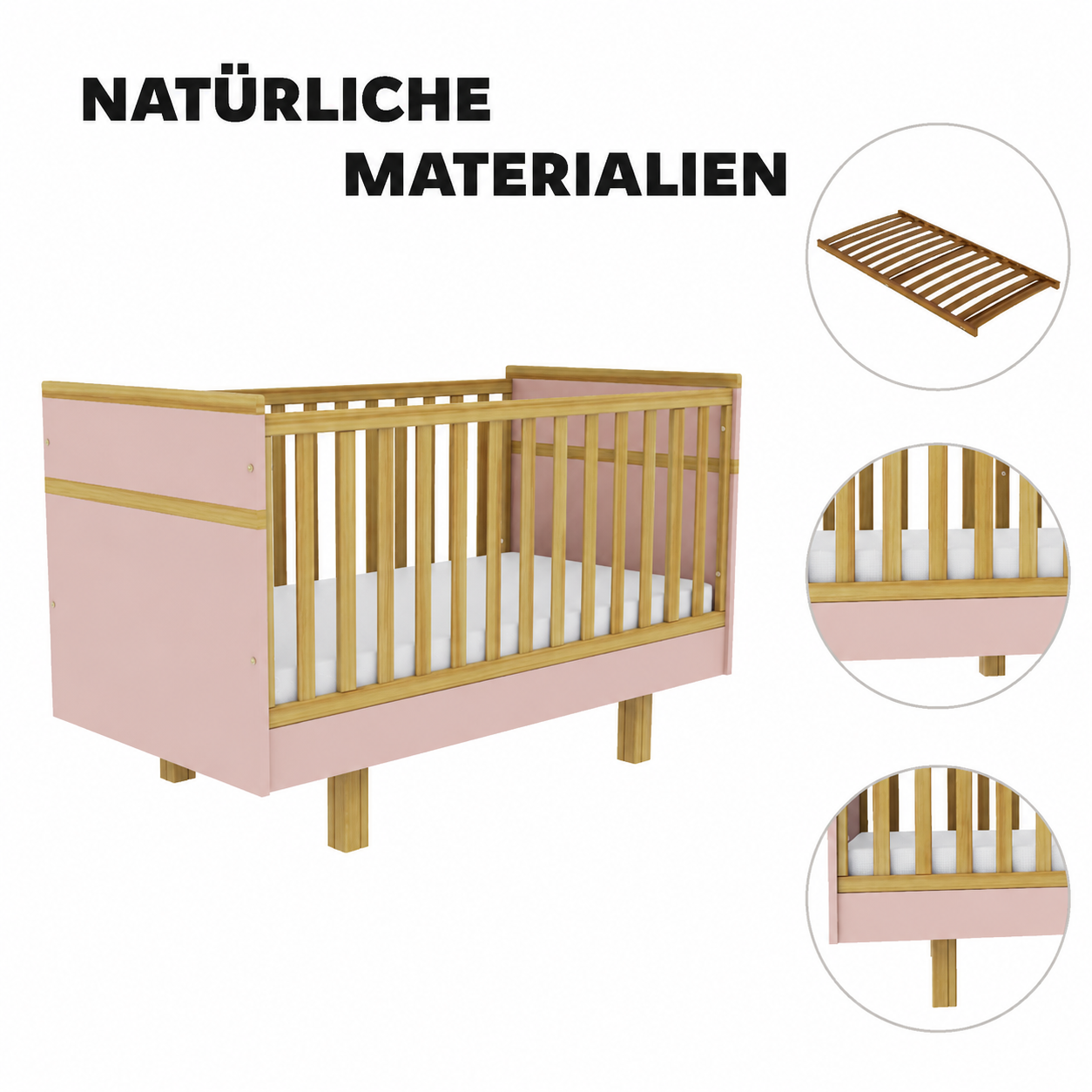 VILHA Babybett Puderrosa mit Gitterstäben, Lattenrost und Füßen aus Massivholz sowie natürlichen Holzelementen