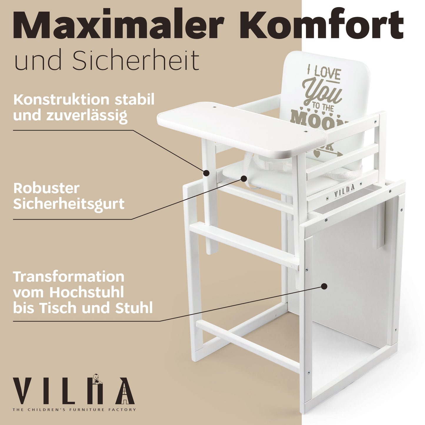 Kombi - Hochstuhl Weiß CA, 2 - in - 1 Babyhochstuhl aus Holz - Vilha