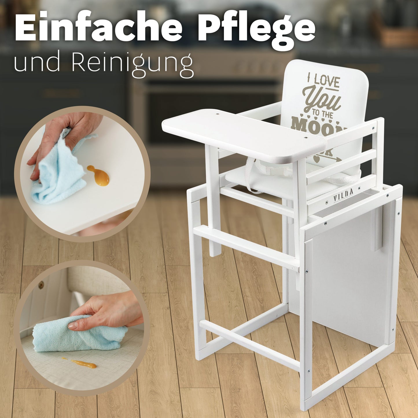 Kombi - Hochstuhl Weiß CA, 2 - in - 1 Babyhochstuhl aus Holz - Vilha