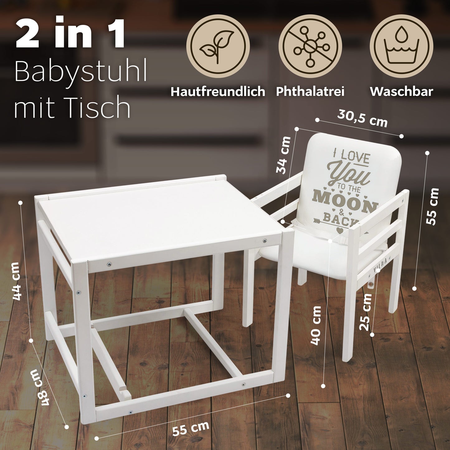 Kombi - Hochstuhl Weiß CA, 2 - in - 1 Babyhochstuhl aus Holz - Vilha