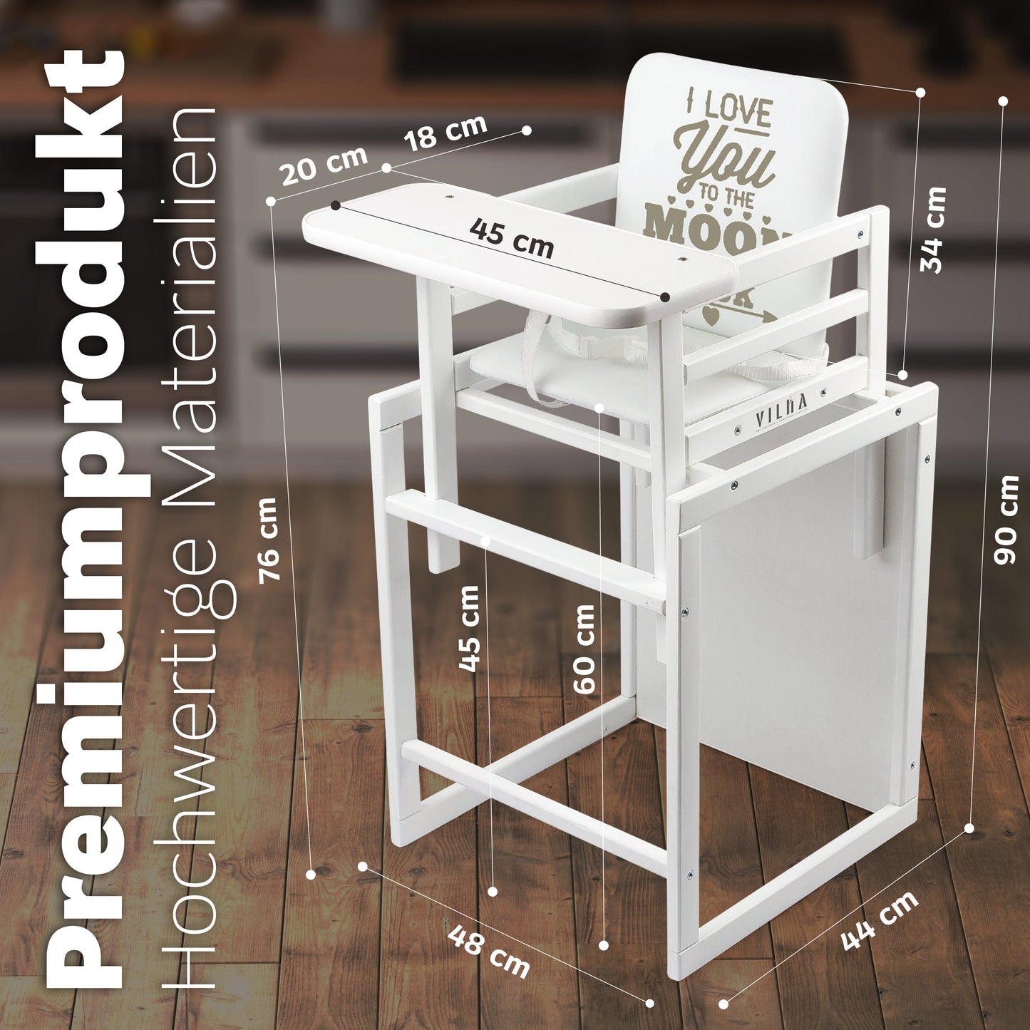 Kombi - Hochstuhl Weiß CA, 2 - in - 1 Babyhochstuhl aus Holz - Vilha