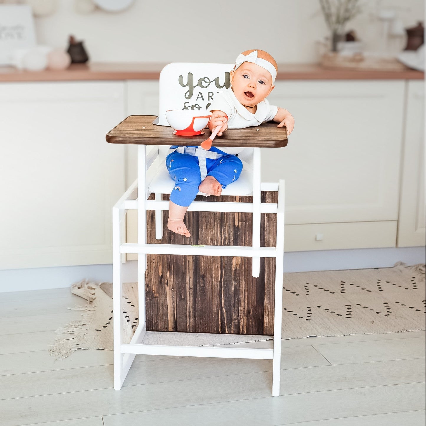 Kombi - Hochstuhl Weiß CA, 2 - in - 1 Babyhochstuhl aus Holz - Vilha
