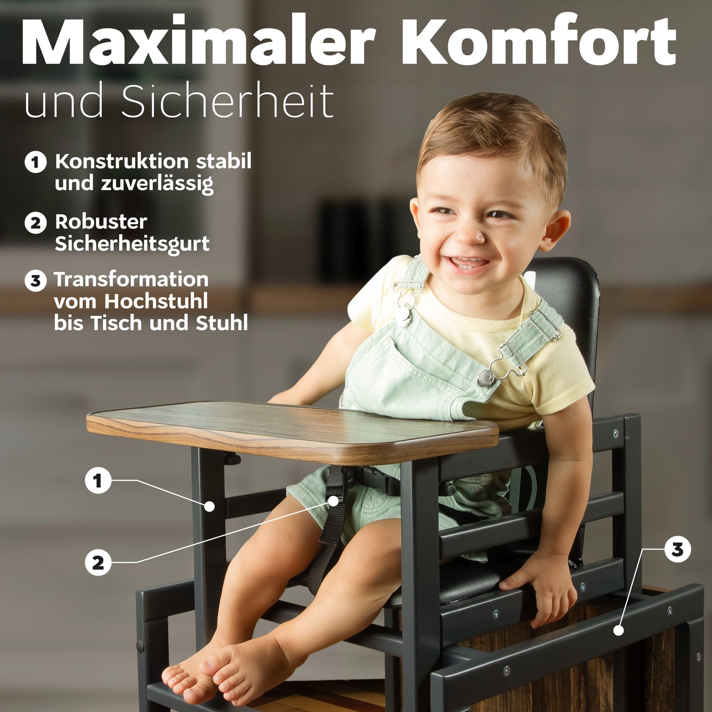 Kombi-Hochstuhl Graphit, 2-in-1 Babyhochstuhl aus Holz