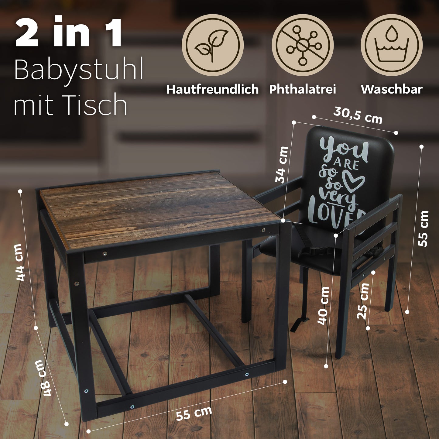 Kombi-Hochstuhl Graphit, 2-in-1 Babyhochstuhl aus Holz