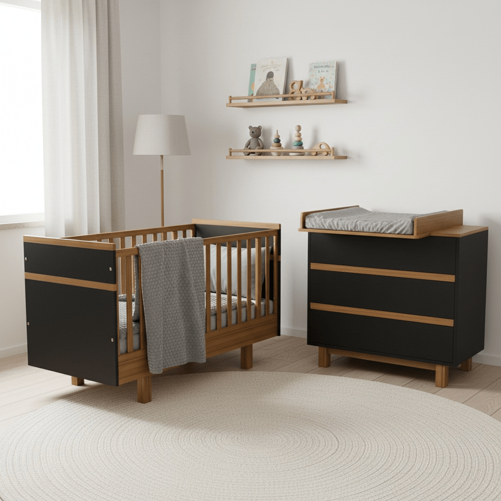 Vilha Babyzimmer Set mit Babybett und Wickelkommode graphit/natur - Vilha