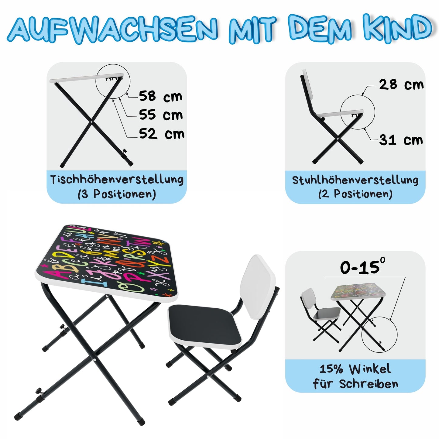VILHA Kindertisch mit 2 Stühlen klappbar Alphabet weiß - Vilha