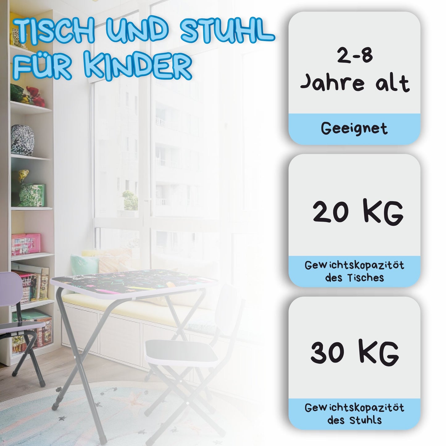 VILHA Kindertisch mit 2 Stühlen klappbar Alphabet weiß - Vilha