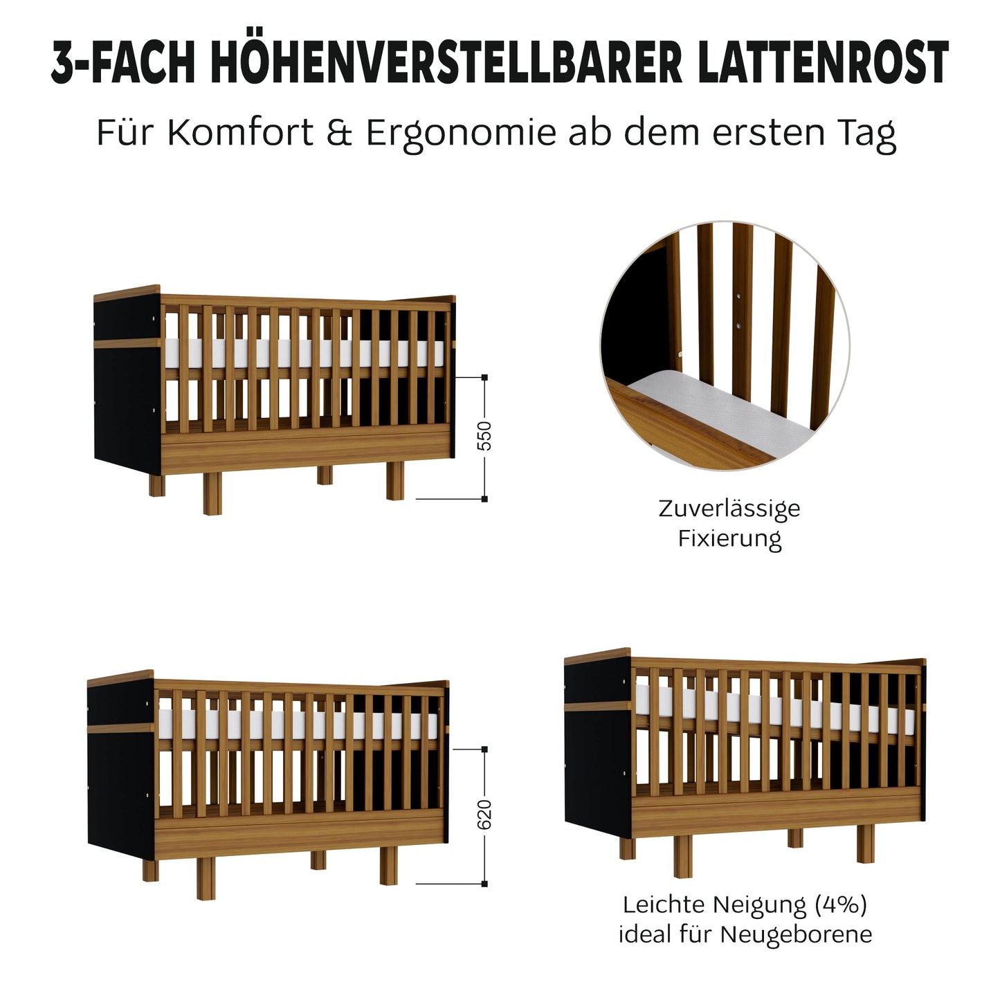 Vilha mitwachsendes Babybett 70x140 cm graphit/natur - Vilha