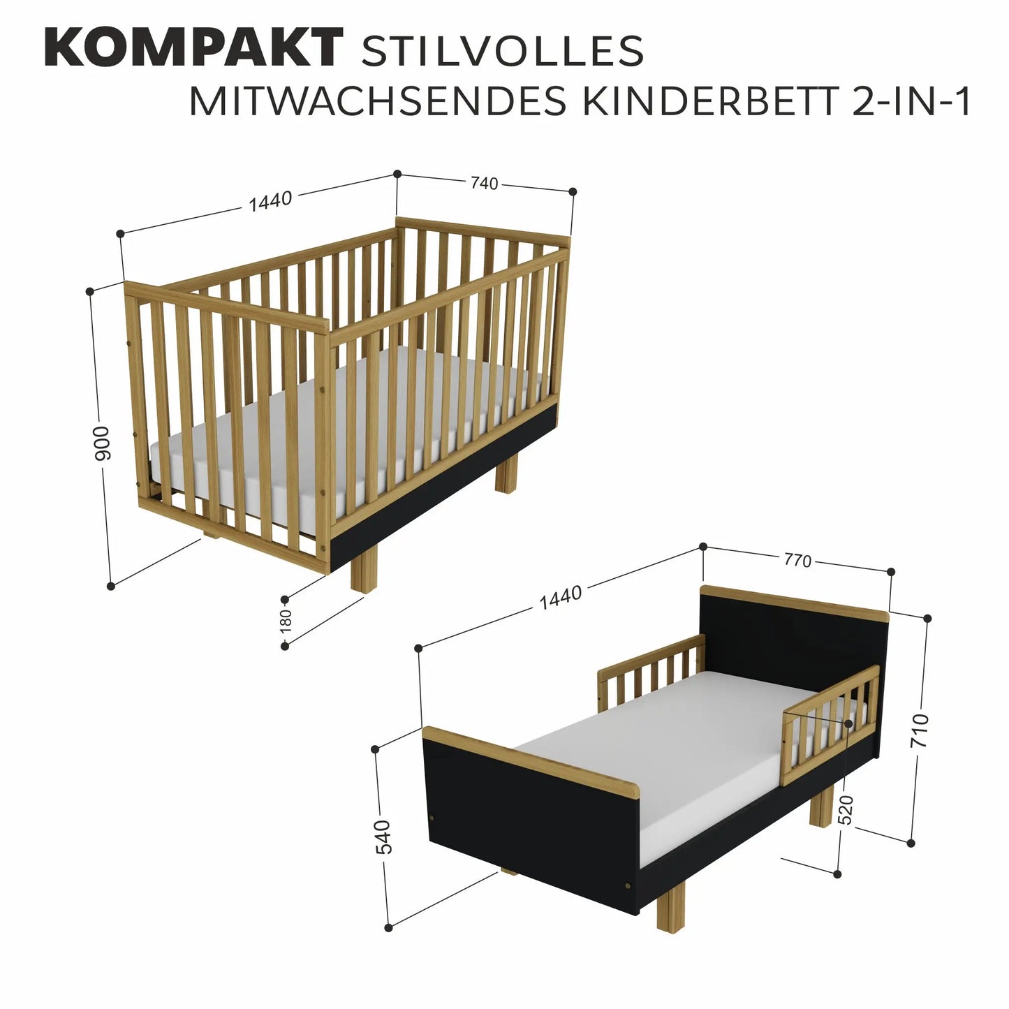 Kinderbett Holz 70x140 natur/graphit – Mitwachsend & Sicher für Ihr Baby Vilha