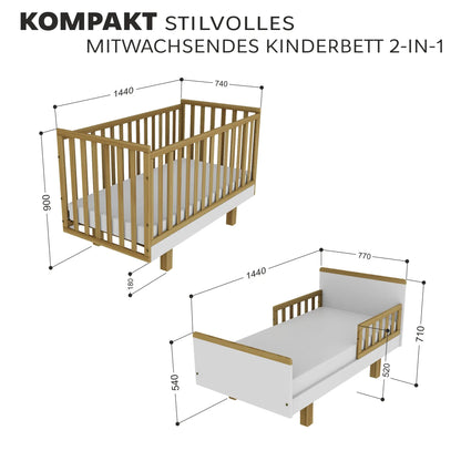 Kinderbett Holz 70x140 natur/weiß – Mitwachsend & Sicher für Ihr Baby Vilha