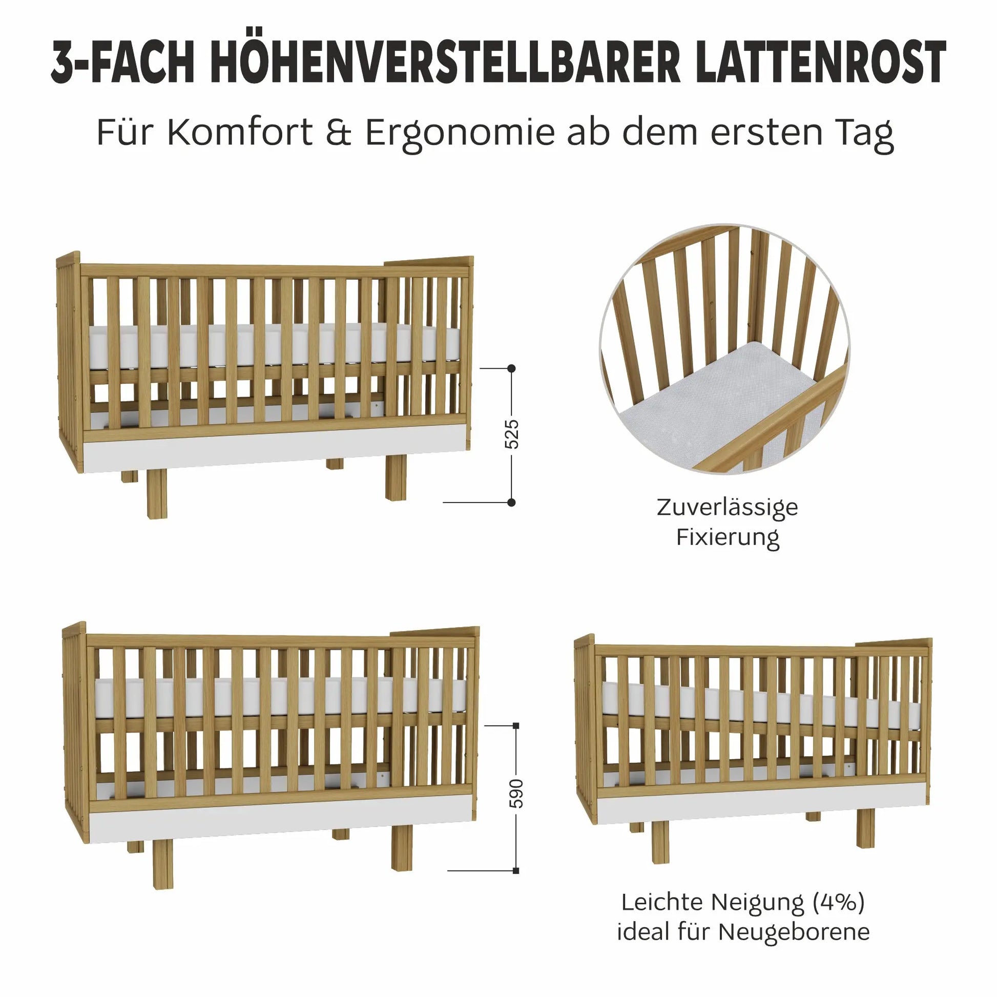 Kinderbett Holz 70x140 natur/weiß – Mitwachsend & Sicher für Ihr Baby Vilha
