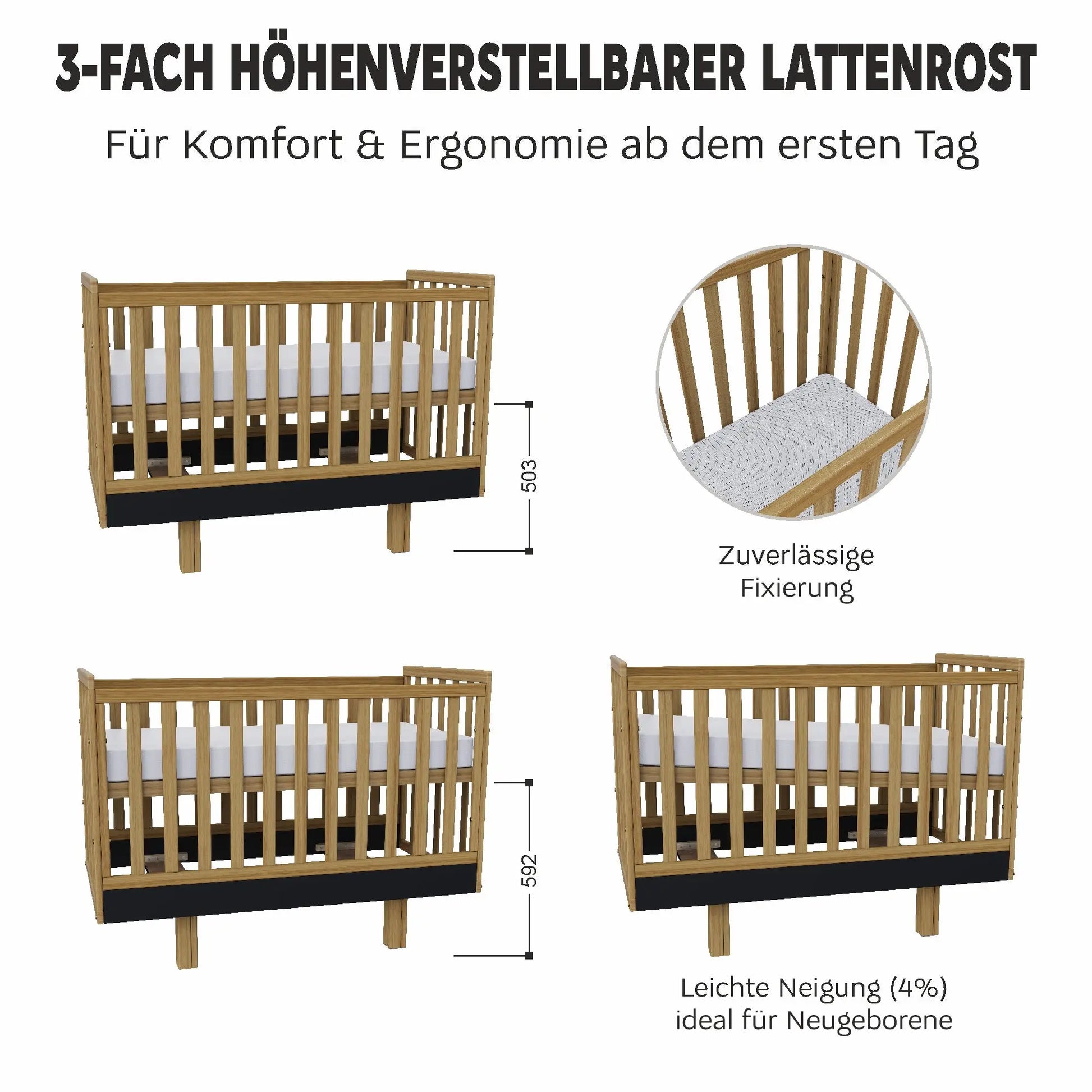 Babybett Holz 60x120 graphit/natur–  Sicherheit und Komfort für Ihr Baby Vilha
