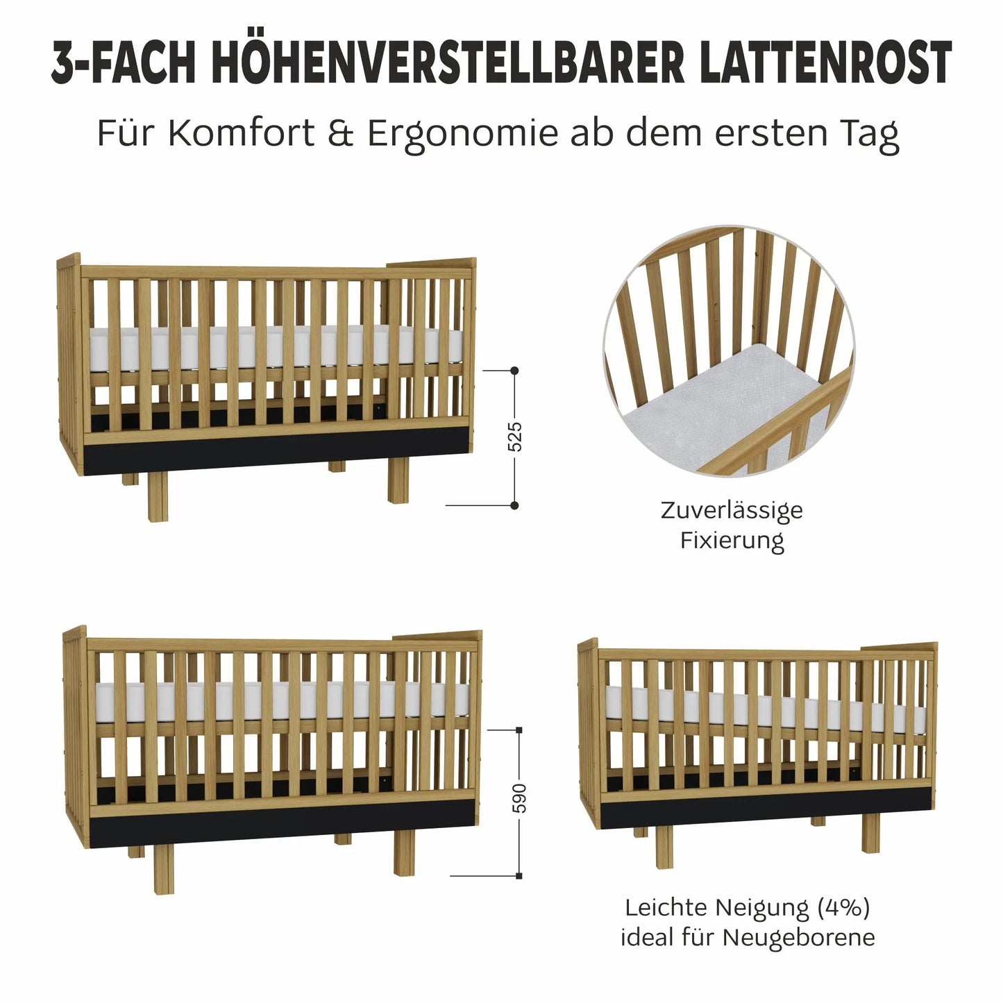 Kinderbett Holz 70x140 natur/graphit – Mitwachsend & Sicher für Ihr Baby Vilha