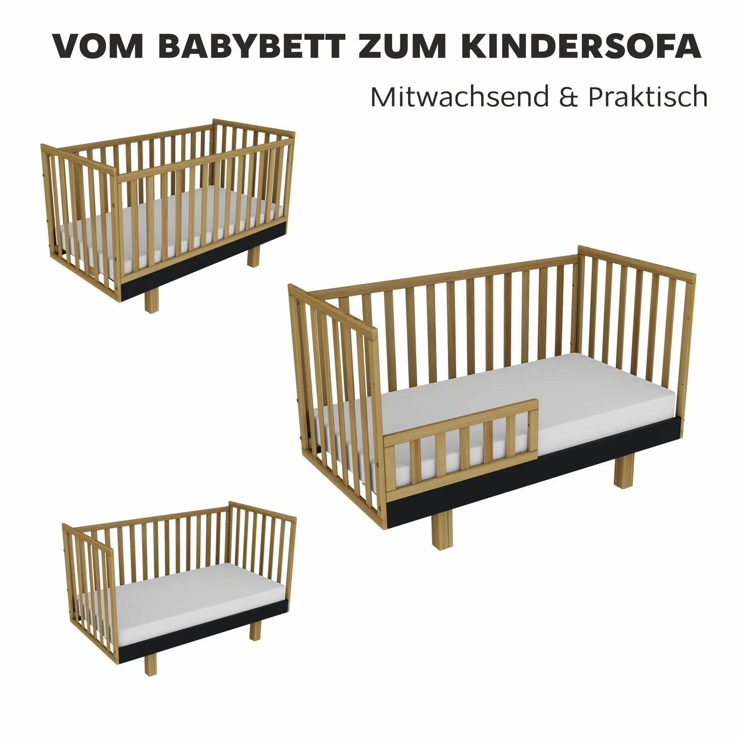 Kinderbett Holz 70x140 natur/graphit – Mitwachsend & Sicher für Ihr Baby Vilha