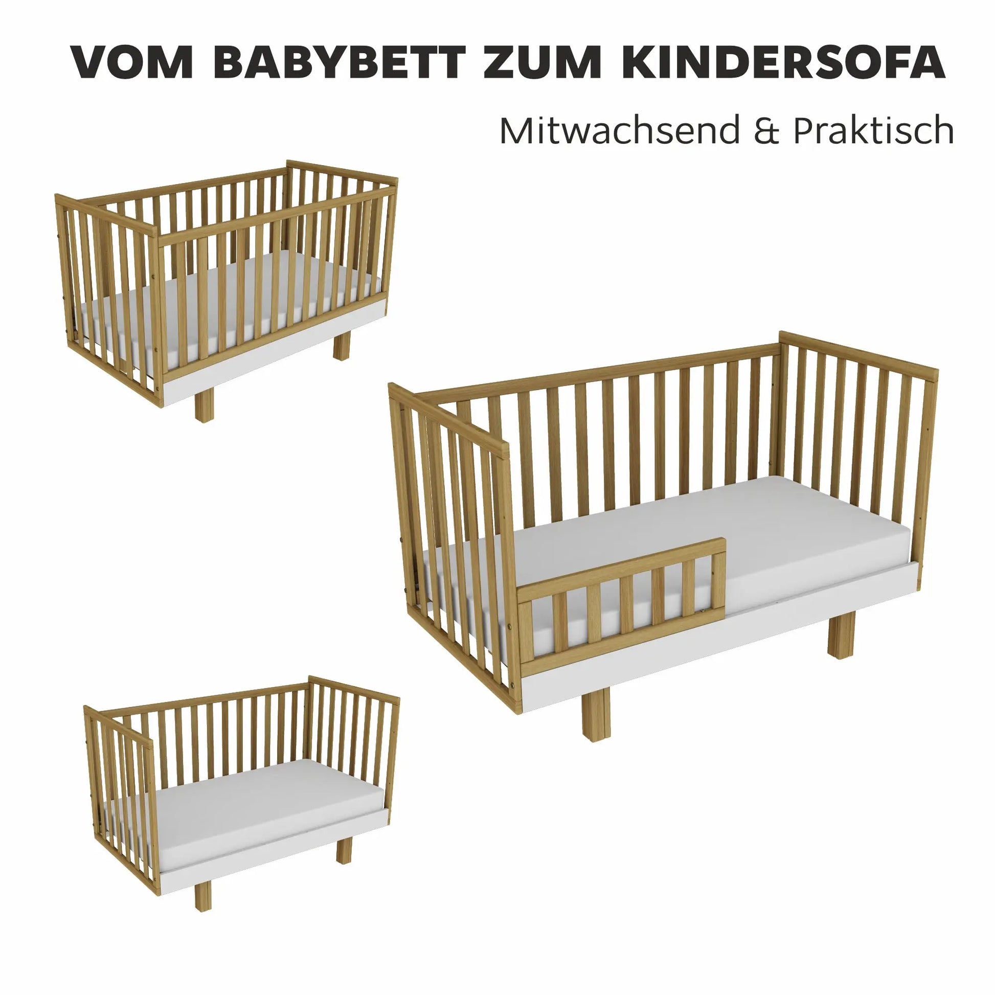 Kinderbett Holz 70x140 natur/weiß – Mitwachsend & Sicher für Ihr Baby Vilha