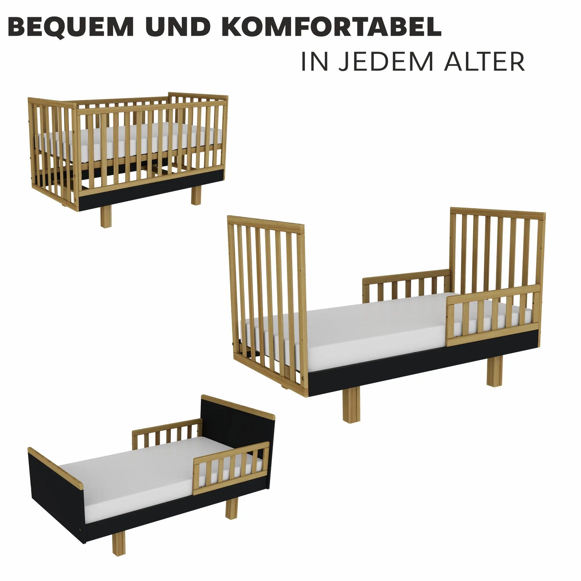 Kinderbett Holz 70x140 natur/graphit – Mitwachsend & Sicher für Ihr Baby Vilha