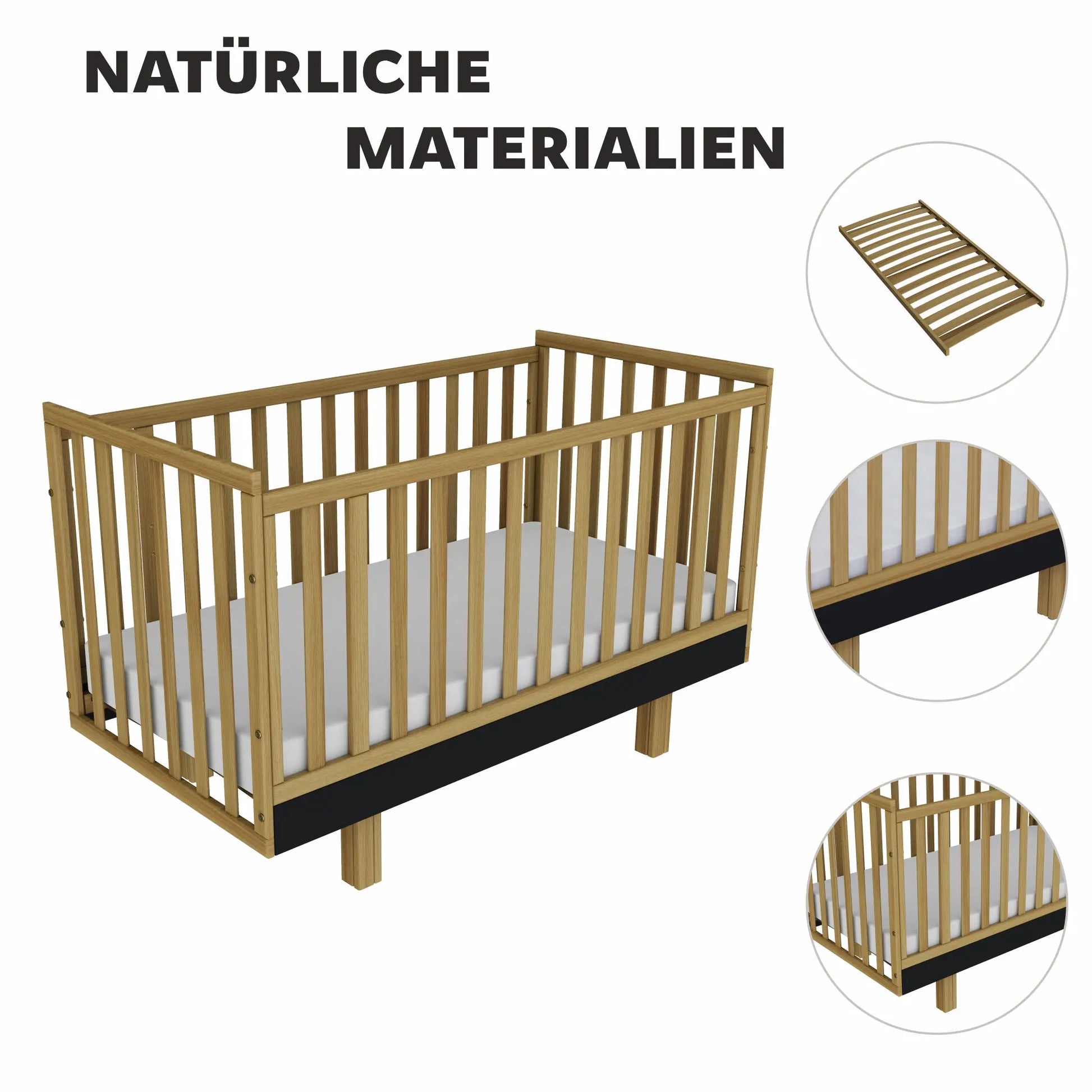 Kinderbett Holz 70x140 natur/graphit – Mitwachsend & Sicher für Ihr Baby Vilha