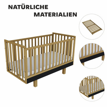 Kinderbett Holz 70x140 natur/graphit – Mitwachsend & Sicher für Ihr Baby Vilha