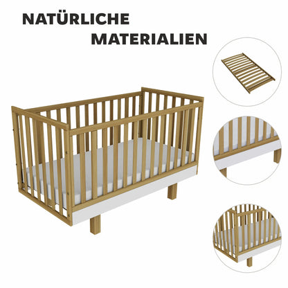 Kinderbett Holz 70x140 natur/weiß – Mitwachsend & Sicher für Ihr Baby Vilha