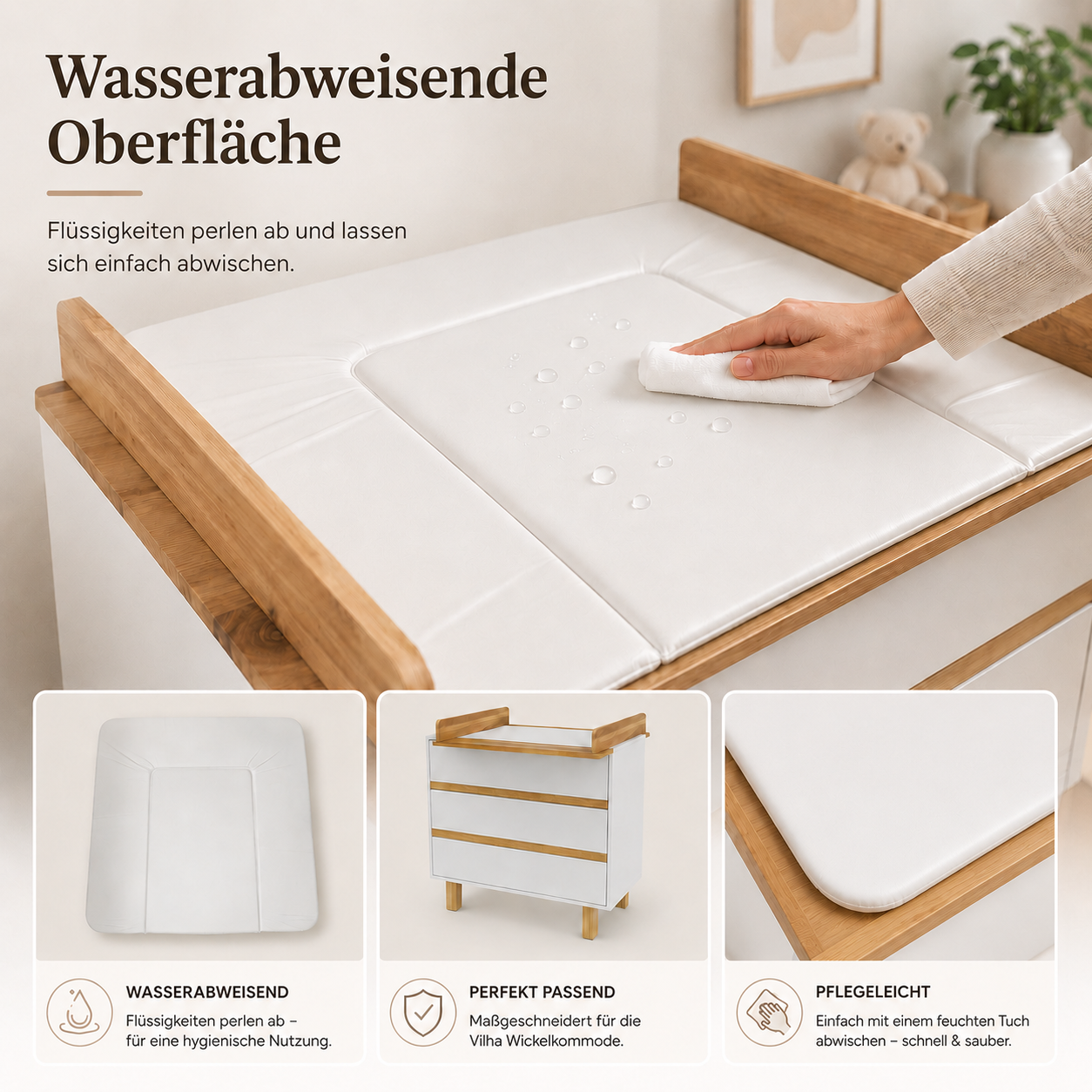 Abwischbare VILHA Wickelauflage mit wasserabweisender Oberfläche auf einer Wickelkommode mit Wickelaufsatz