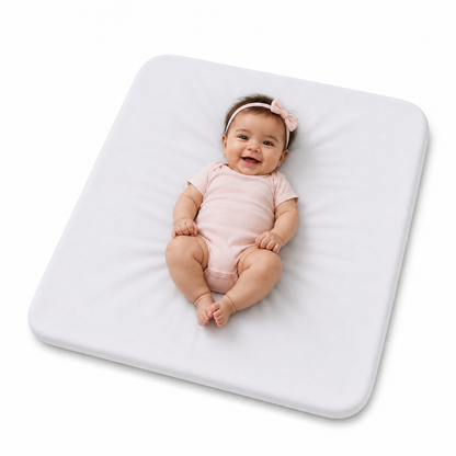 Baby auf weißem Spannbezug für Wickelauflage mit weicher Baumwolloberfläche auf quadratischer Wickelauflage