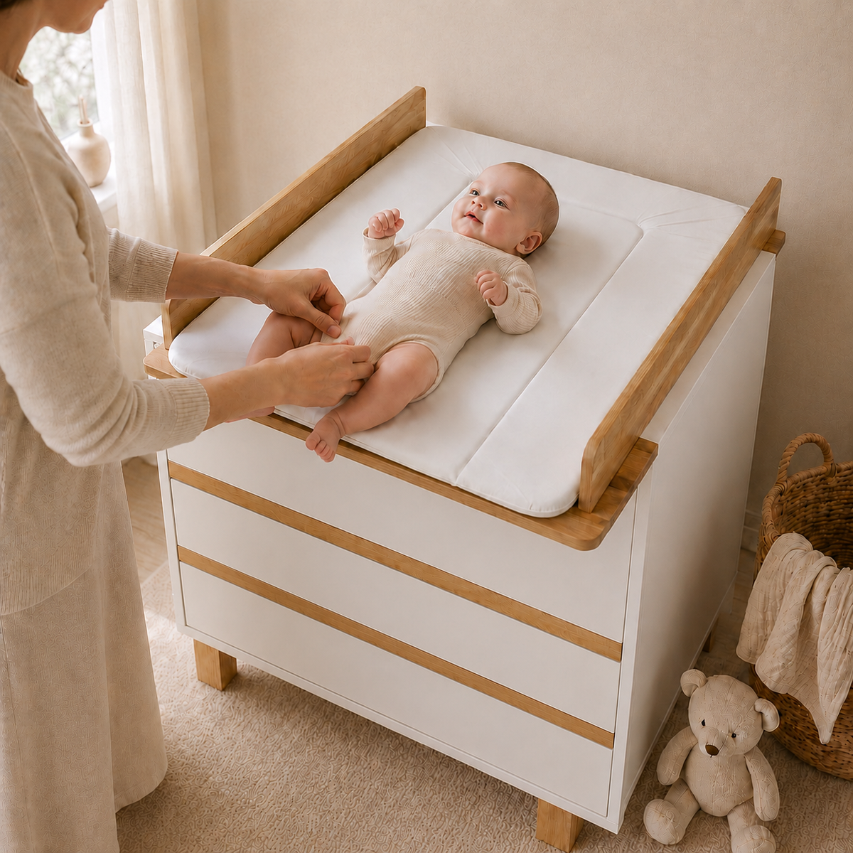 Baby auf weißer VILHA Wickelauflage auf einer Wickelkommode während des Wickelns mit der Mutter