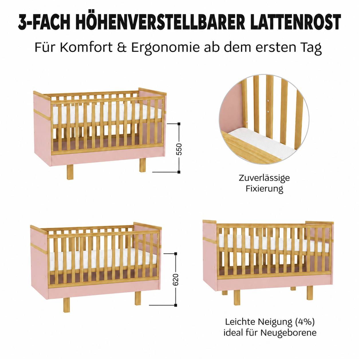 Babybett 70x140 Puderrosa mit 3-fach höhenverstellbarem Lattenrost, sicherer Fixierung und Neigungsoption