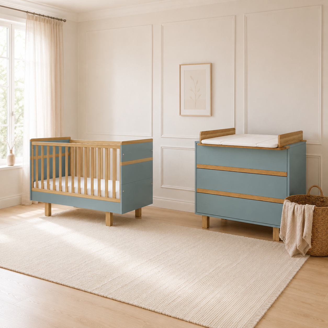Babyzimmer in Dämmerblau und Naturholz mit VILHA Babybett 70x140 und Wickelkommode inklusive Wickelaufsatz
