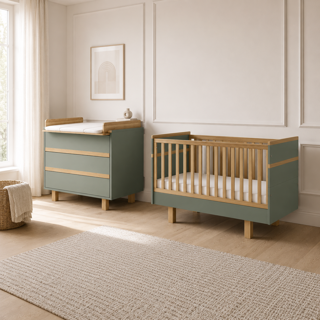 Babyzimmer in Rauchgrün mit VILHA Babybett 70x140 und Wickelkommode aus Holz