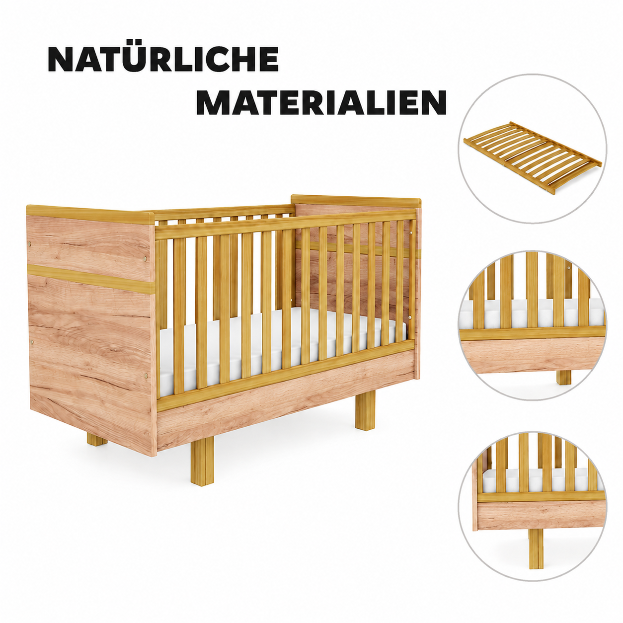 Babyzimmer Set 2-teilig – Eiche Kraft Gold | Babybett 70x140 & Wickelkommode