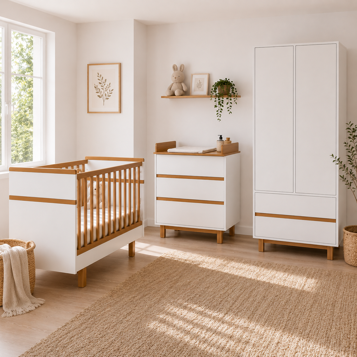 Babyzimmer Set Vilha 3-teilig – Weiß/Natur | Babybett 70x140, Wickelkommode & Kleiderschrank