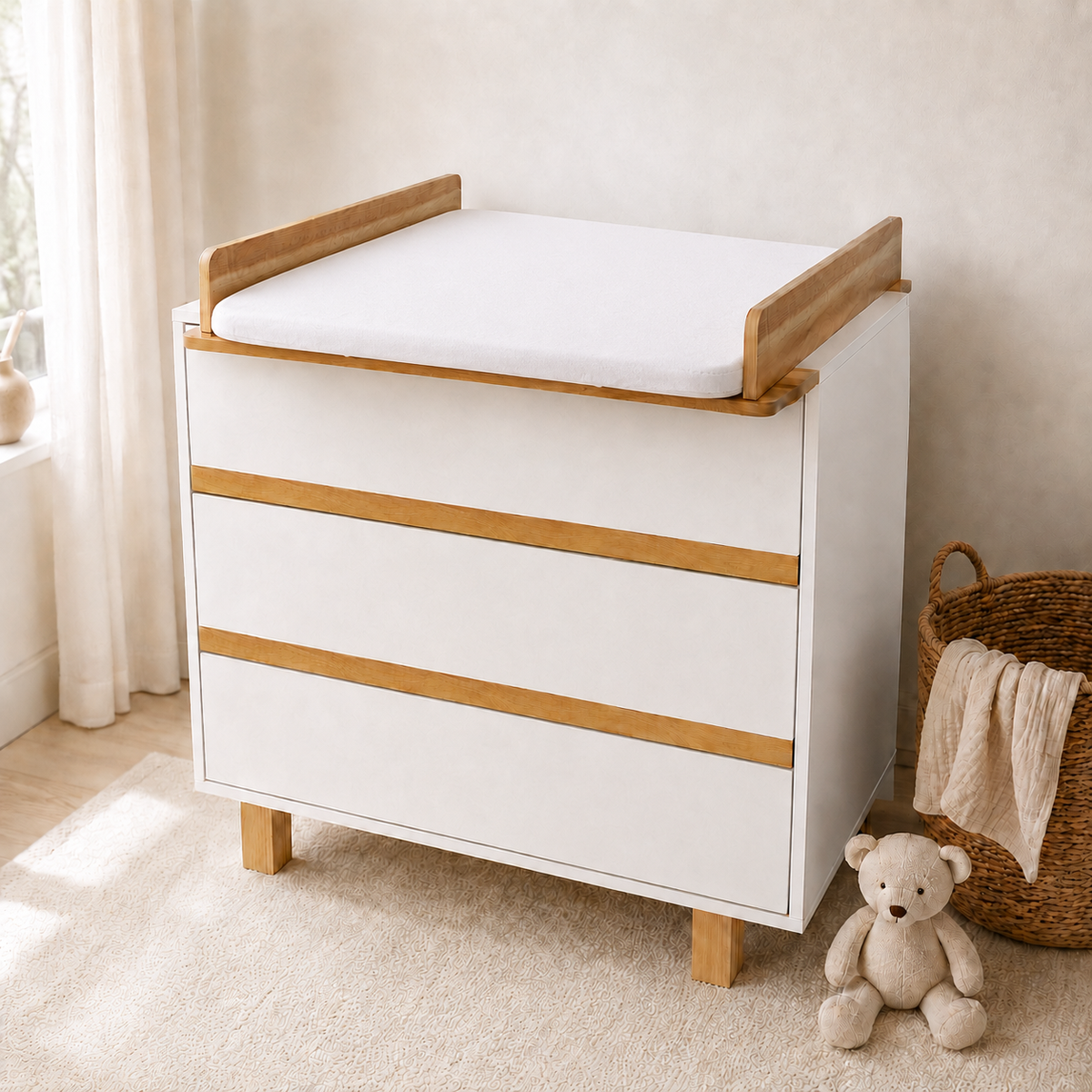 Babyzimmer Set Vilha 3-teilig – Weiß/Natur | Babybett 70x140, Wickelkommode & Kleiderschrank