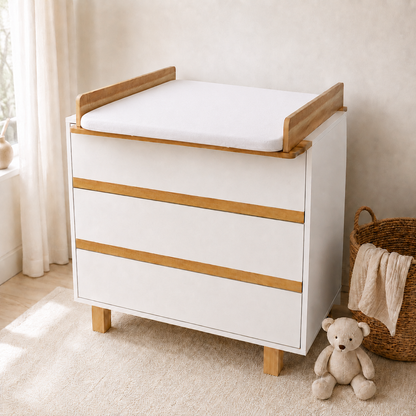 Babyzimmer Set Vilha 3-teilig – Weiß/Natur | Babybett 70x140, Wickelkommode & Kleiderschrank