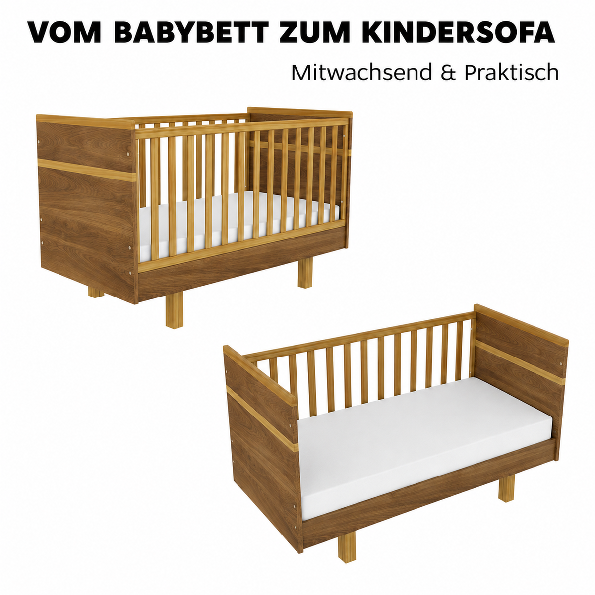 Mitwachsendes Babybett Vilha 70x140 Eiche Castello Cognac / Natur