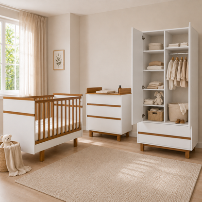 Babyzimmer Set Vilha 3-teilig – Weiß/Natur | Babybett 70x140, Wickelkommode & Kleiderschrank