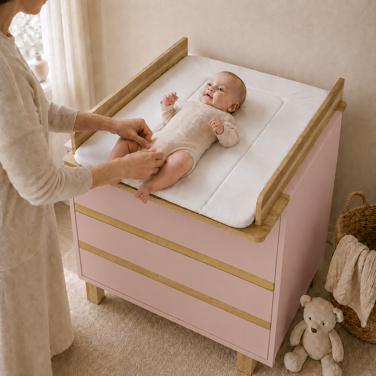 Babyzimmer Set 2-teilig Puderrosa | Babybett 70x140 & Wickelkommode