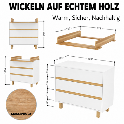 Babyzimmer Set Vilha 3-teilig – Weiß/Natur | Babybett 70x140, Wickelkommode & Kleiderschrank