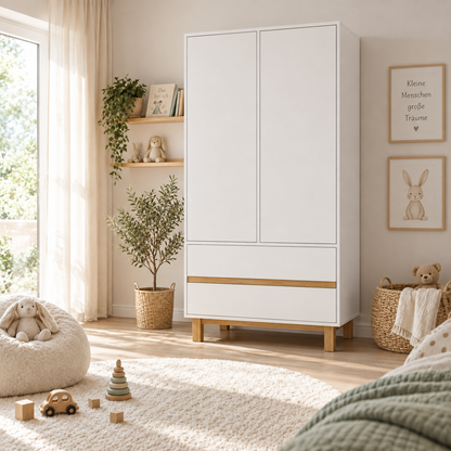 Babyzimmer Set Vilha 3-teilig – Weiß/Natur | Babybett 70x140, Wickelkommode & Kleiderschrank