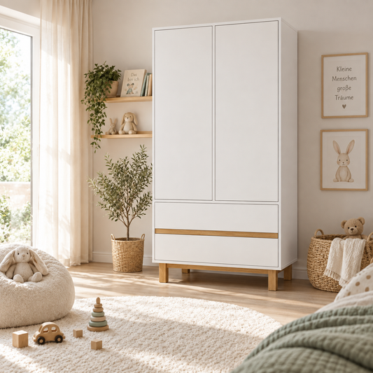 Kinderkleiderschrank Vilha 2-türig mit 2 Schubladen – Weiß/Natur
