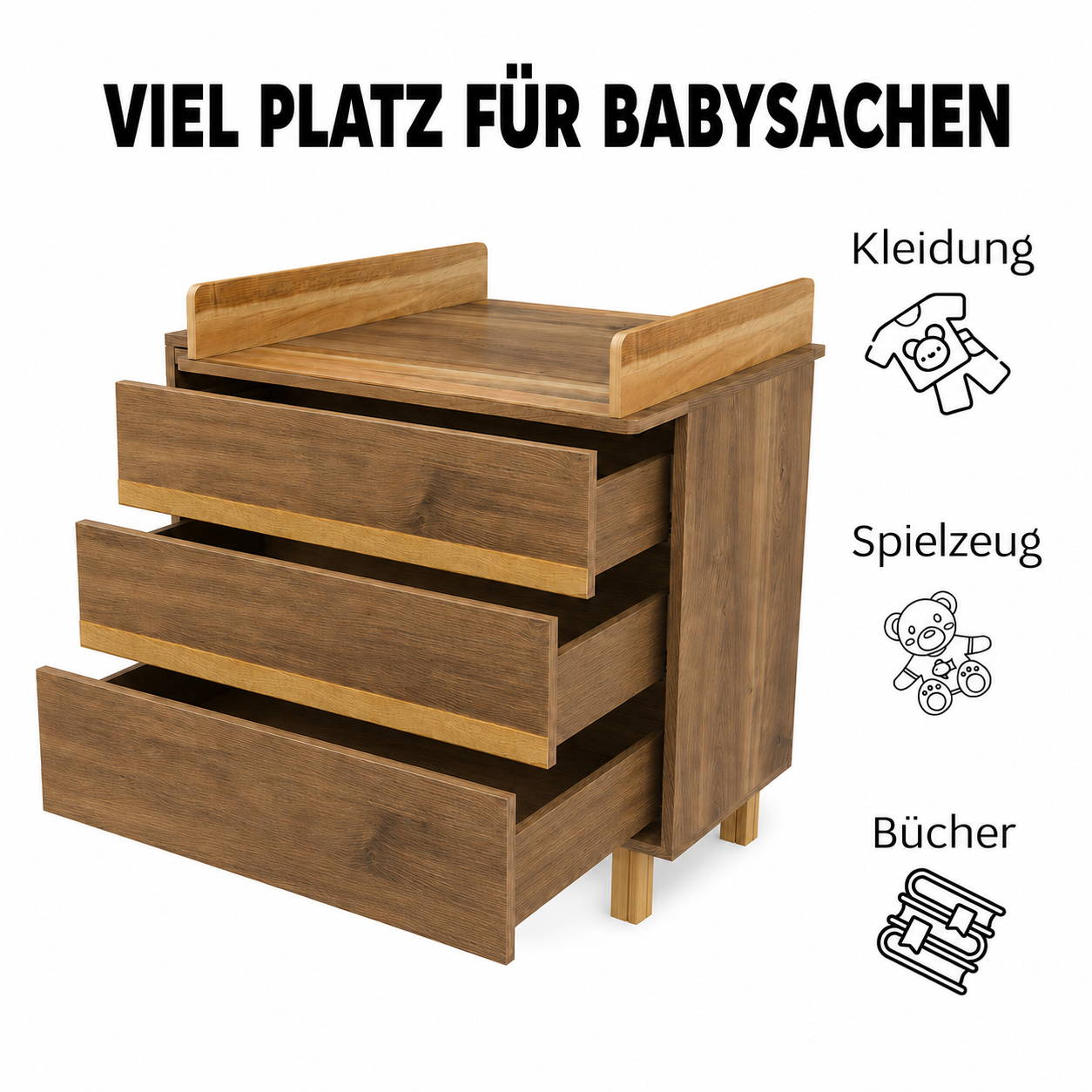 Geräumige Wickelkommode Eiche Castello mit drei großen Schubladen für Babykleidung, Spielzeug und Bücher