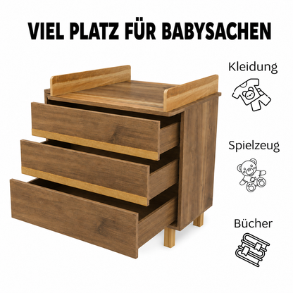 Geräumige Wickelkommode Eiche Castello mit drei großen Schubladen für Babykleidung, Spielzeug und Bücher
