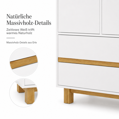 Kinderkleiderschrank Weiß Natur mit Massivholz-Details aus Erle an Schubladen und Füßen