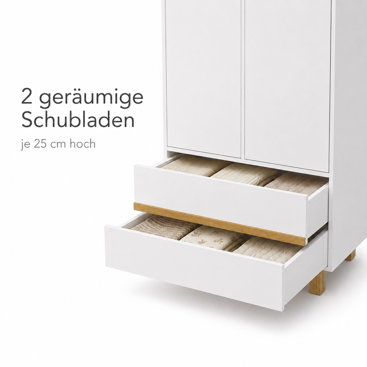 Kinderkleiderschrank mit 2 geräumigen Schubladen je 25 cm hoch für Kleidung, Wäsche und Kindertextilien