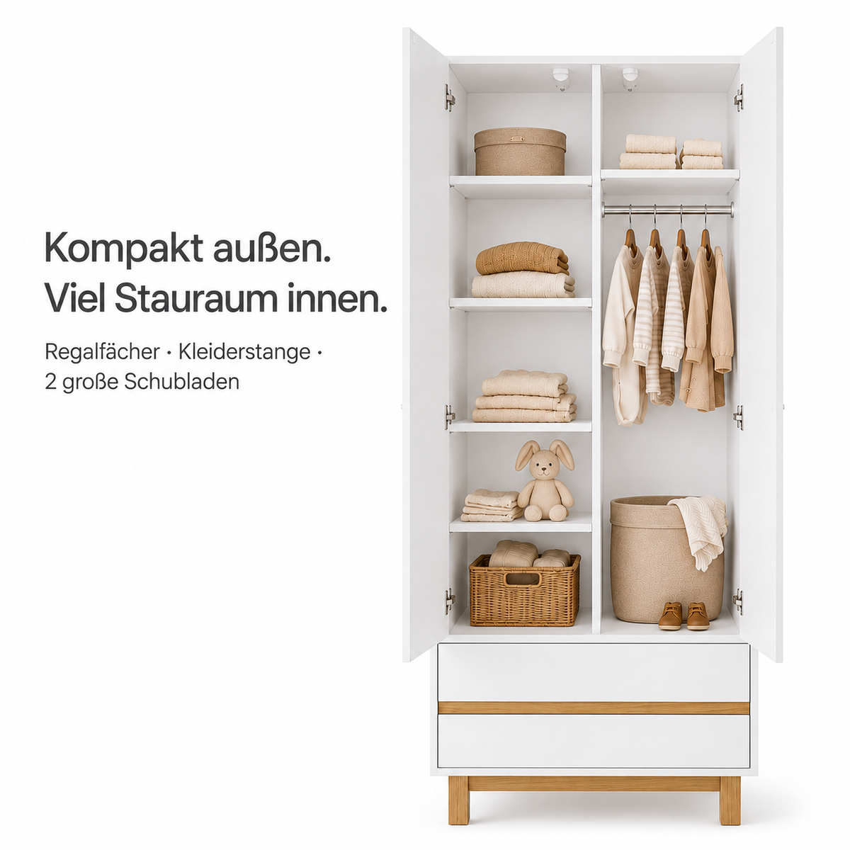 Kinderkleiderschrank mit Regalfächern, Kleiderstange und 2 großen Schubladen für viel Stauraum im Babyzimmer