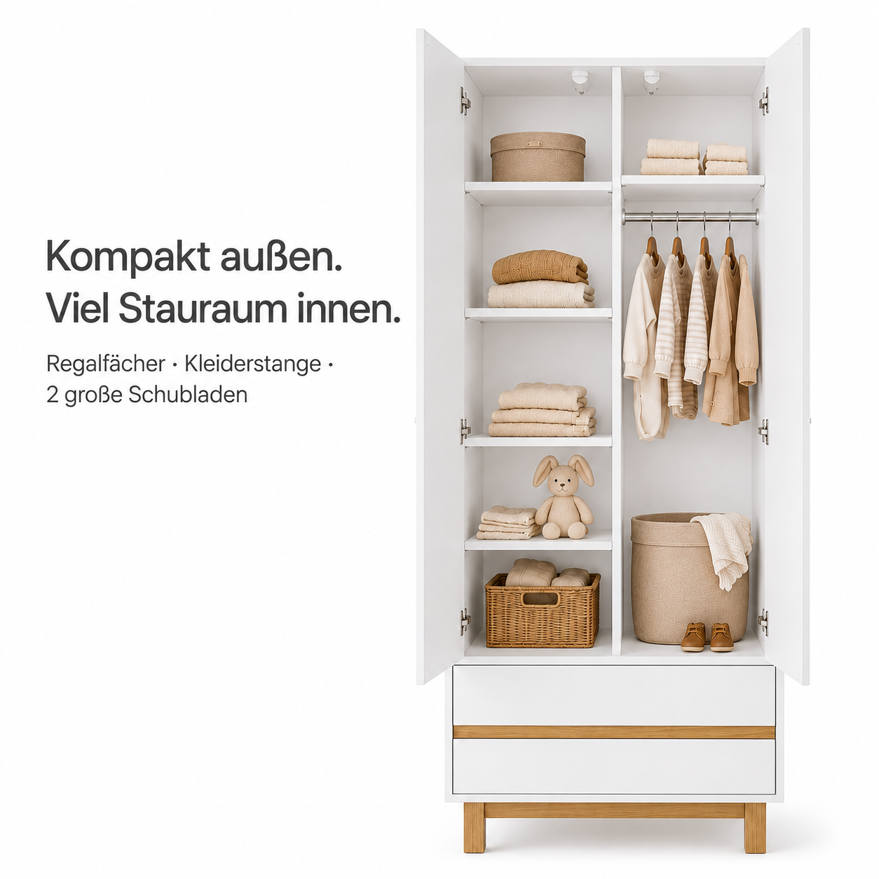Kinderkleiderschrank mit Regalfächern, Kleiderstange und 2 großen Schubladen für viel Stauraum im Babyzimmer