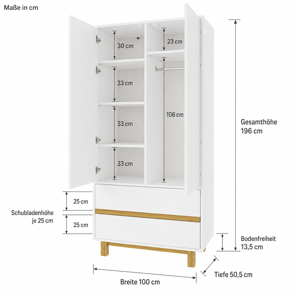 Maße VILHA Kinderkleiderschrank: 100 cm breit, 196 cm hoch, 50,5 cm tief mit Regalfächern, Kleiderstange und 2 Schubladen